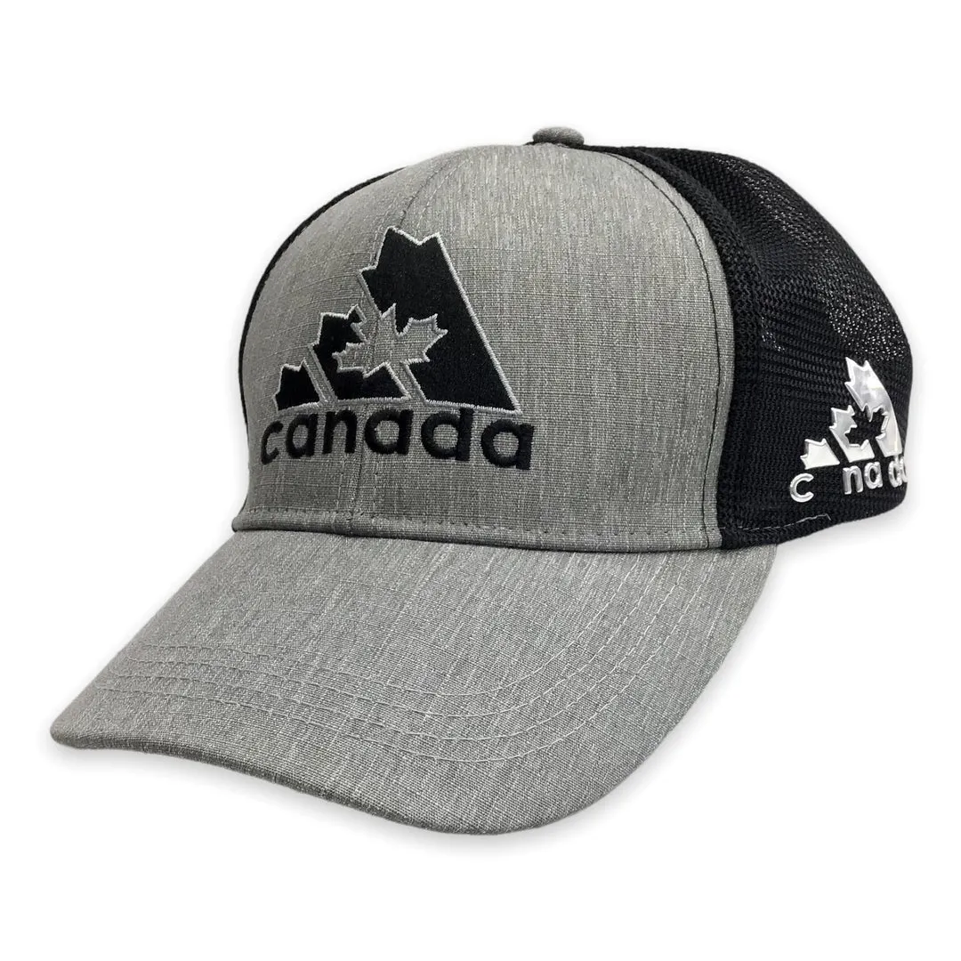 An grey and black mesh  cap with  Canada embroidered along the front.