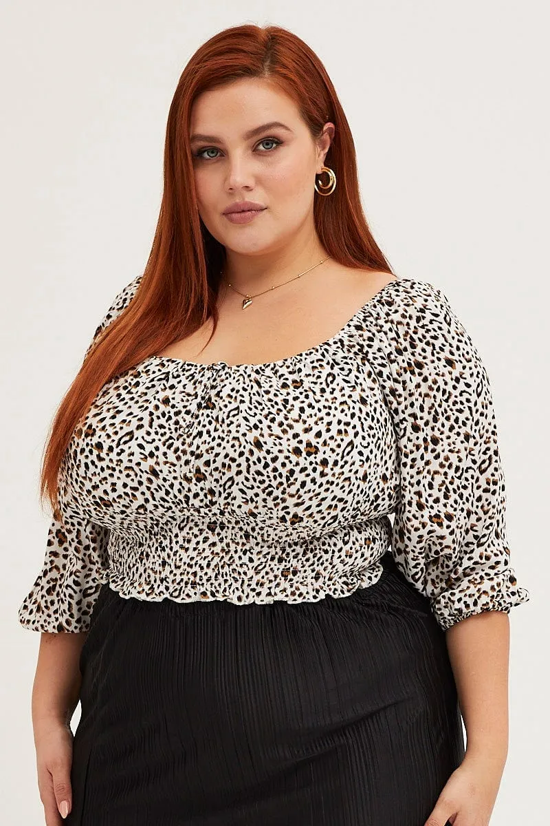 Animal Print 3/4 Sleeve Shirred Crop Top