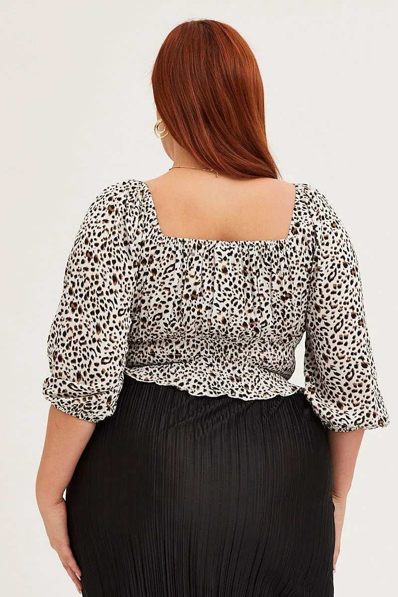 Animal Print 3/4 Sleeve Shirred Crop Top