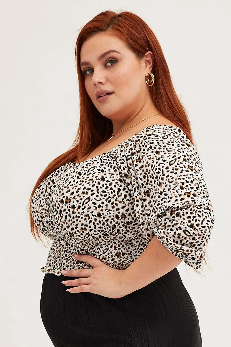 Animal Print 3/4 Sleeve Shirred Crop Top