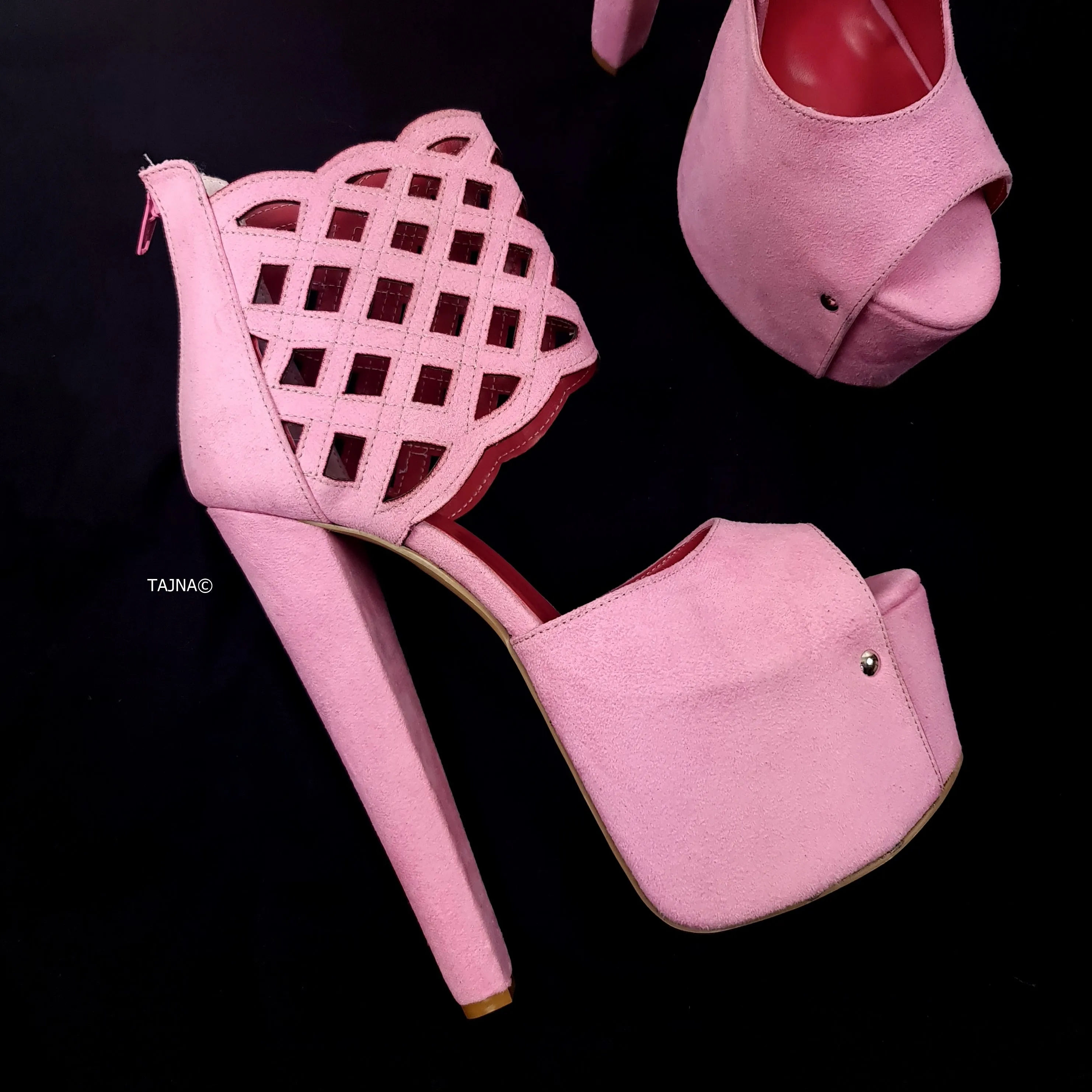 Ankle Cut Laser Detail Pink Suede Chunky High Heels