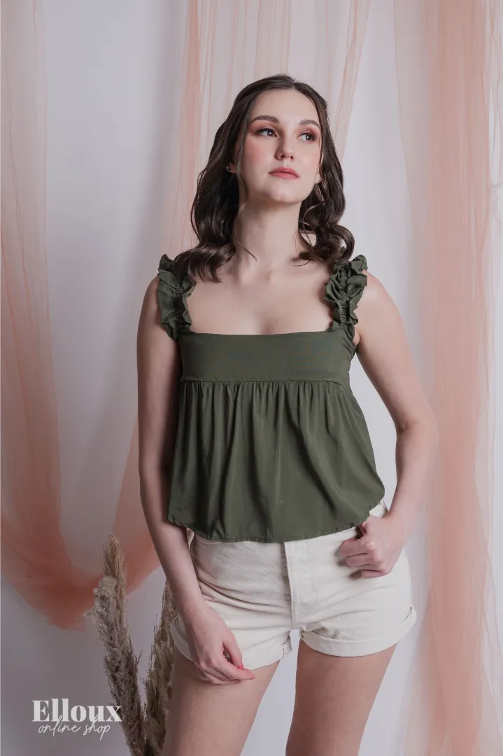 Army Green Ruffle-Strap Semi Crop Top