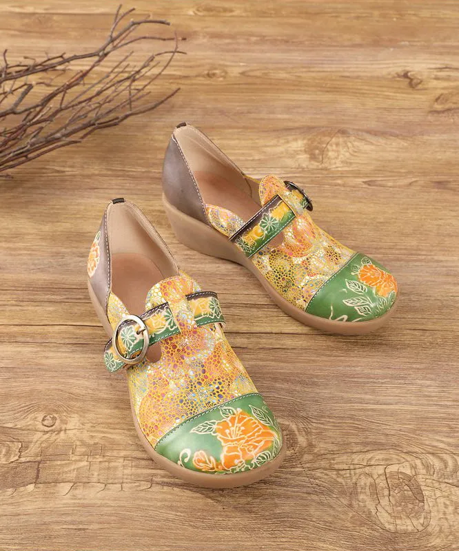 Beautiful Yellow Buckle Strap Embossed Wedge High Wedge Heels Shoes SL1009