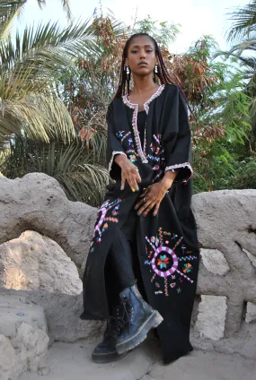 Bedouin Siwa hand embroidered wool Kimono, Black Winter Jacket, Boho winter coat, Long black coat, Siwa Kimono, Oversized wool coat