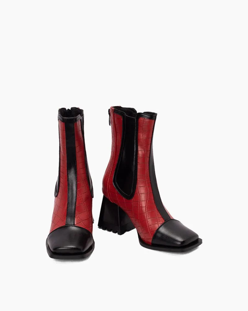 (Clean Up - US 7.5) Square Toe Chunky Block Mid Heel Zipper Boots