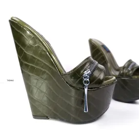 Dark Green Croco Print High Heel Mules