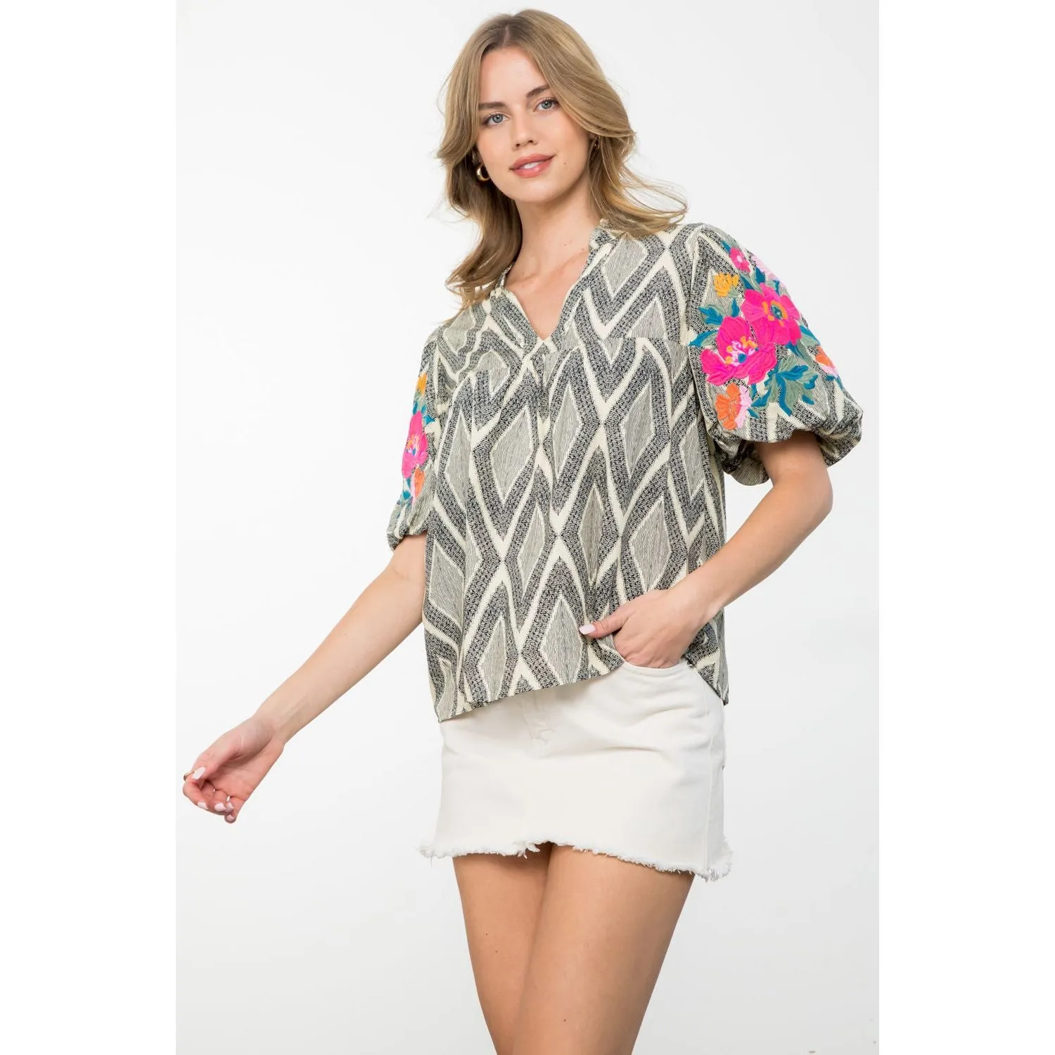 Grace Embroidered Puff Sleeve THML Top