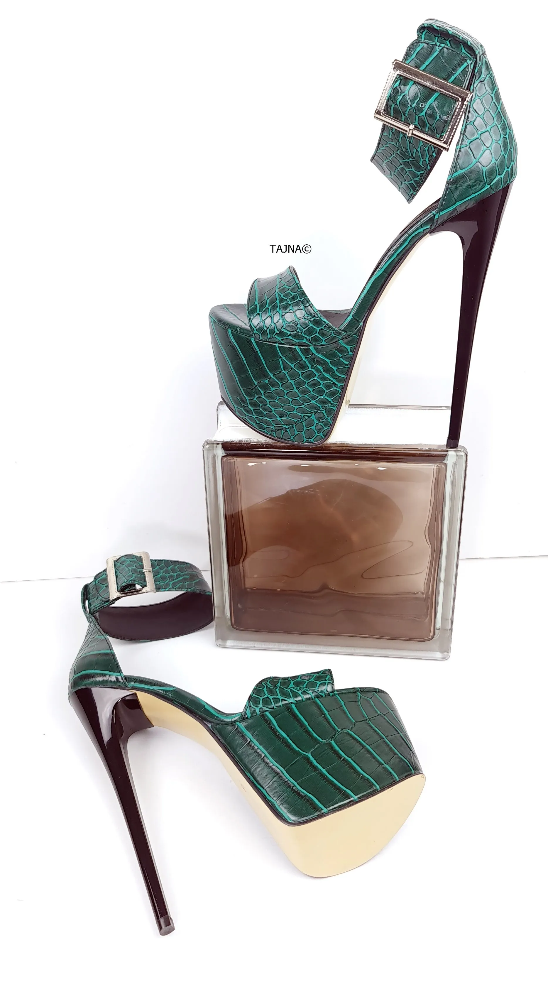 Green Croco Belted Ankle Strap High Heel Sandals