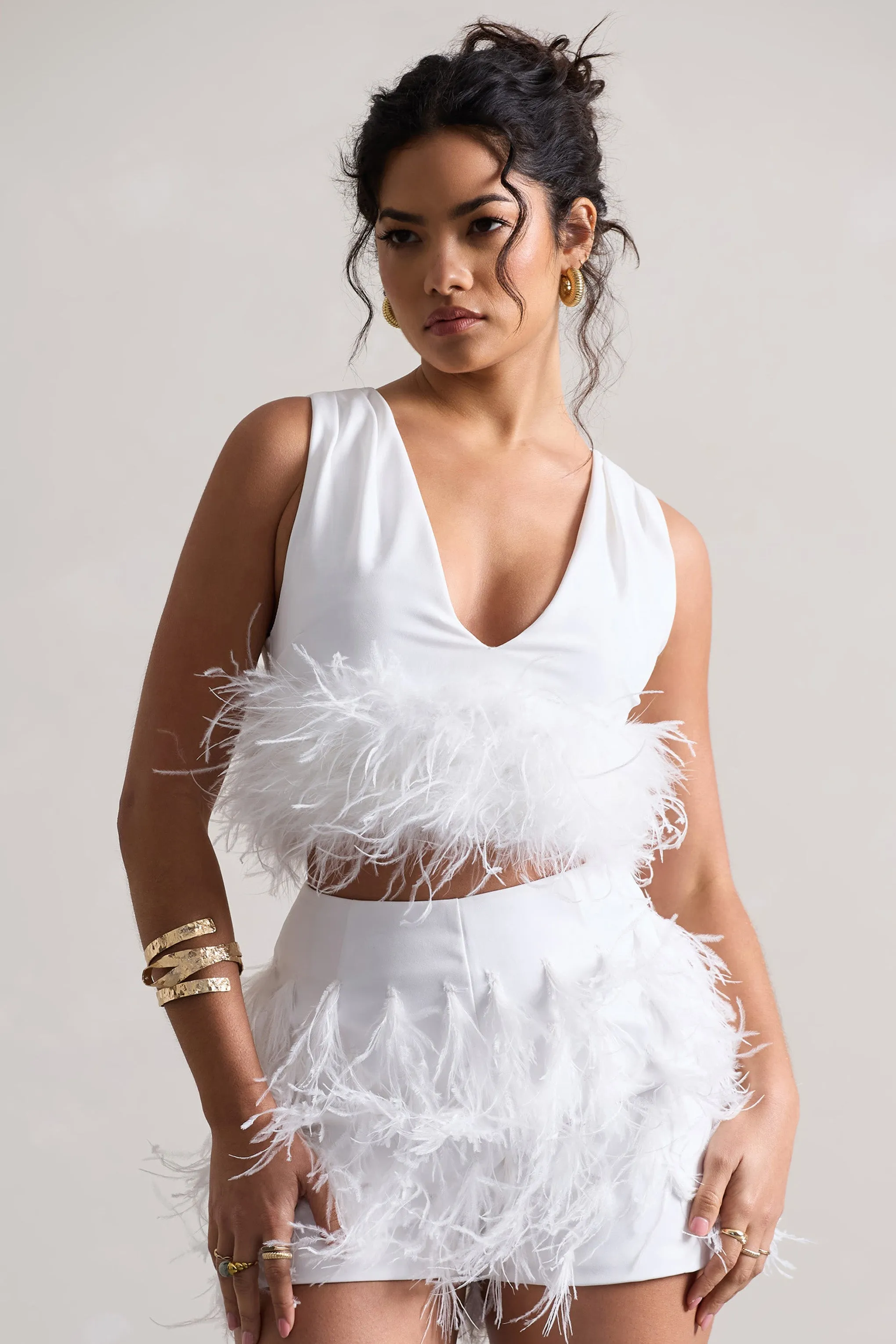 Main Stage | White Plunge-Neck Crop Top With Feather Trim