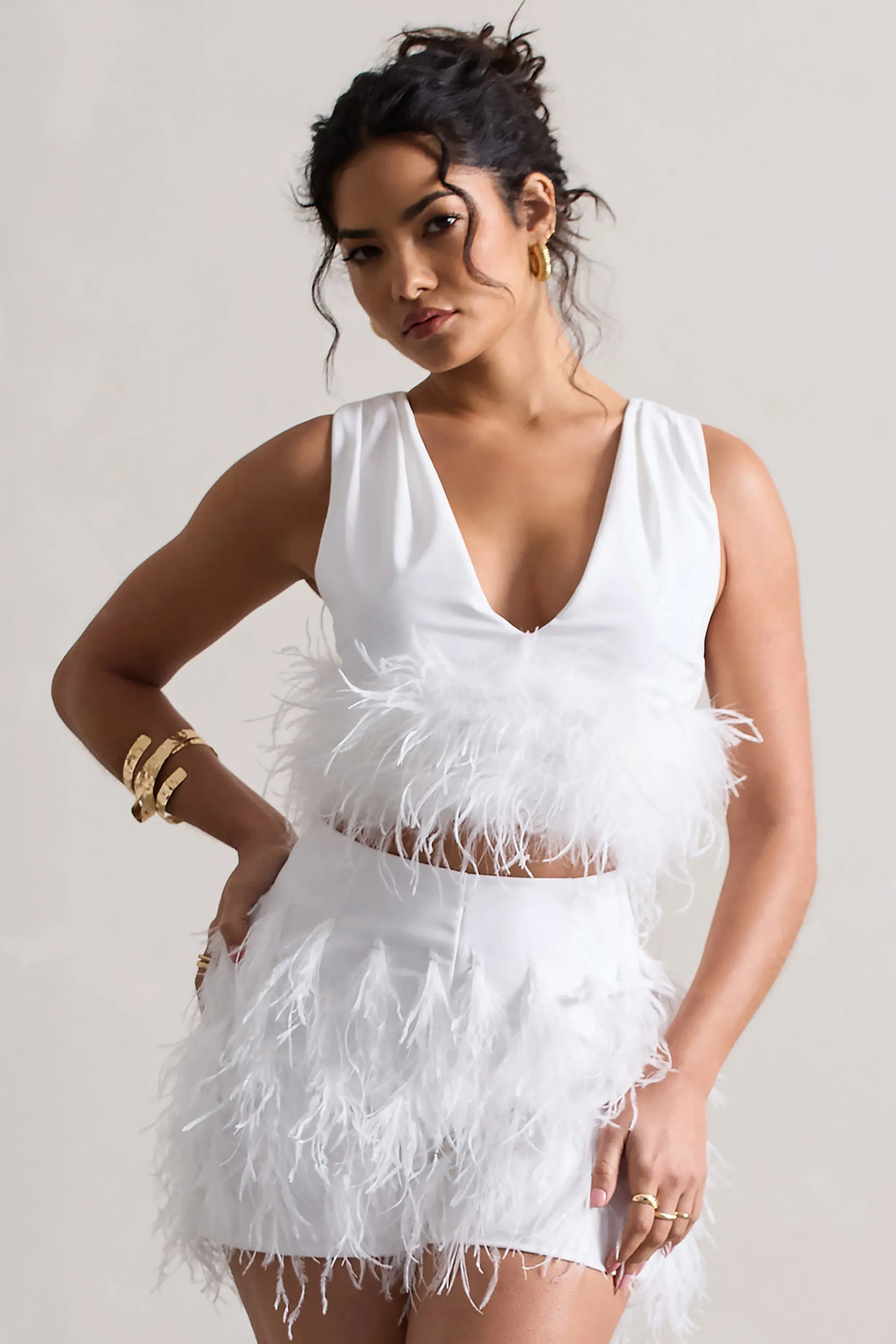 Main Stage | White Plunge-Neck Crop Top With Feather Trim