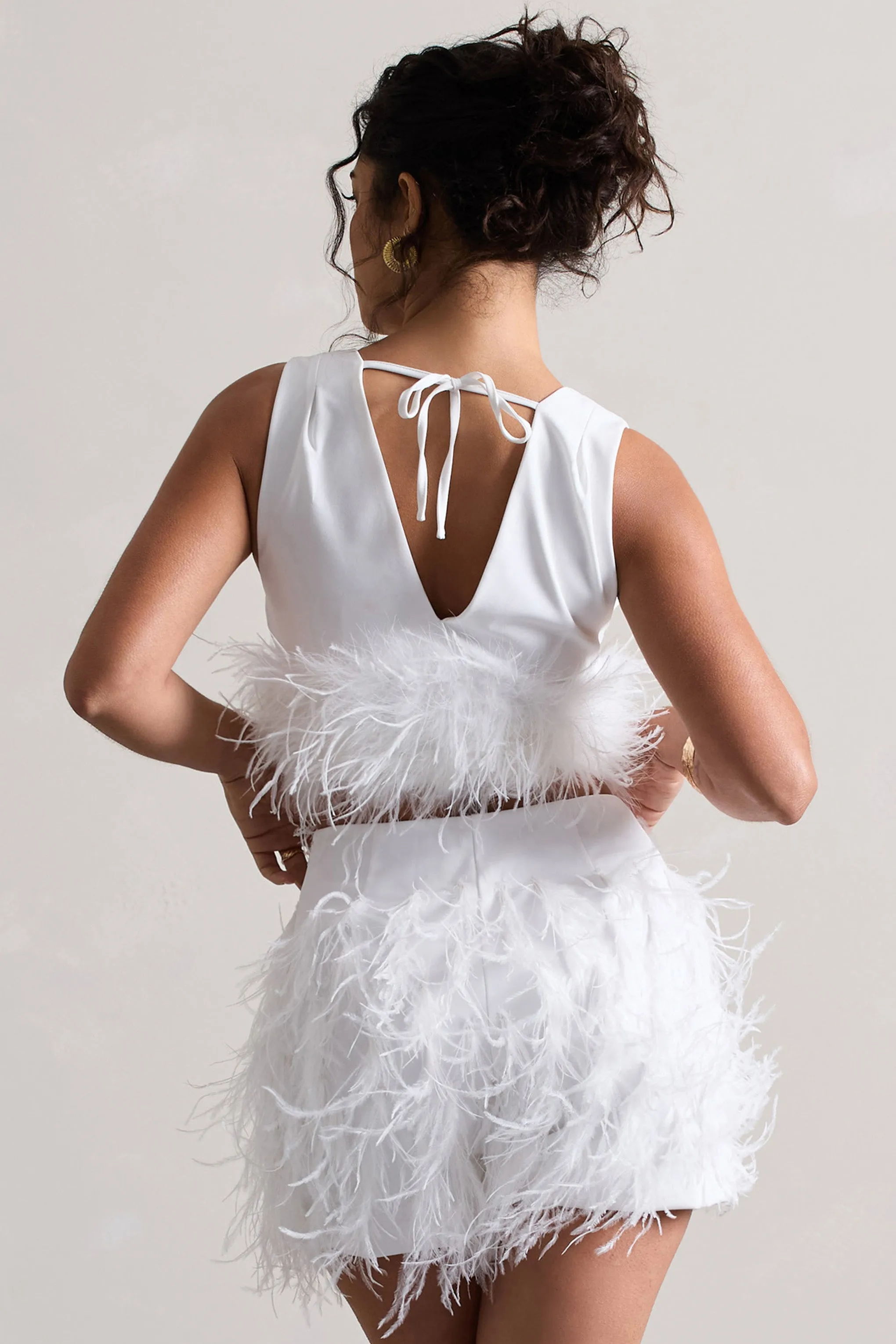 Main Stage | White Plunge-Neck Crop Top With Feather Trim