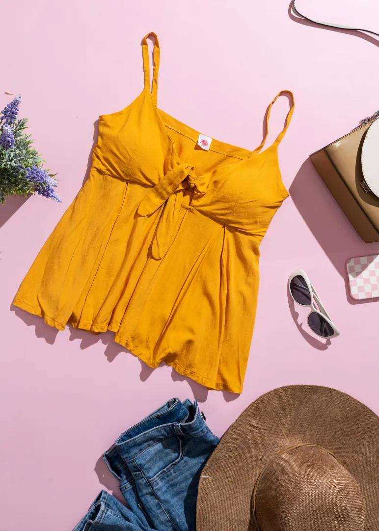 Mustard Front Ribbon Tie Top