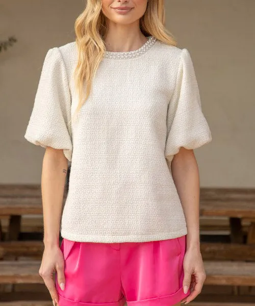 Pearl Trim Tweed Top - Cream