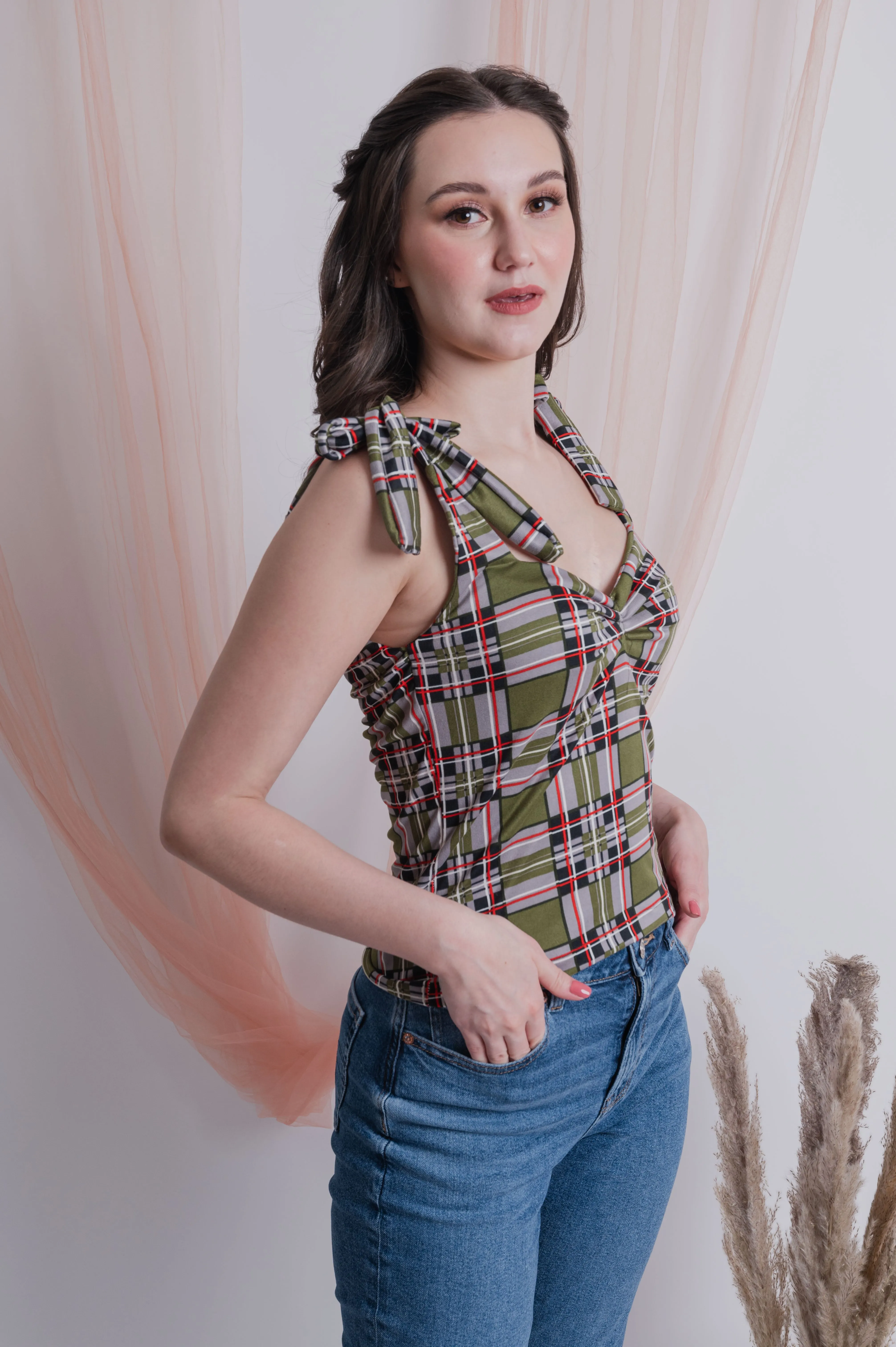 Self Tie Ribbon Top Green Checkered