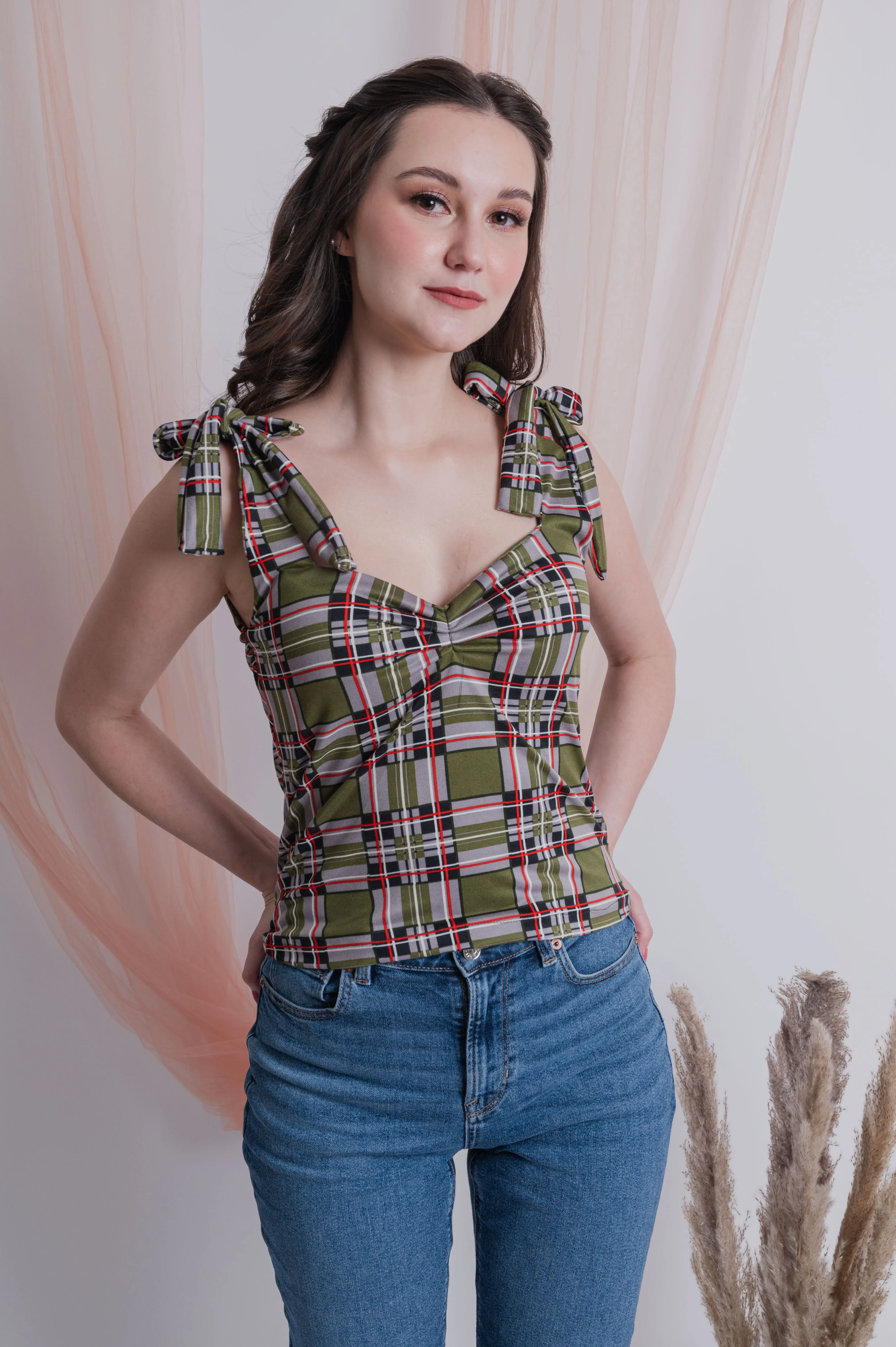 Self Tie Ribbon Top Green Checkered