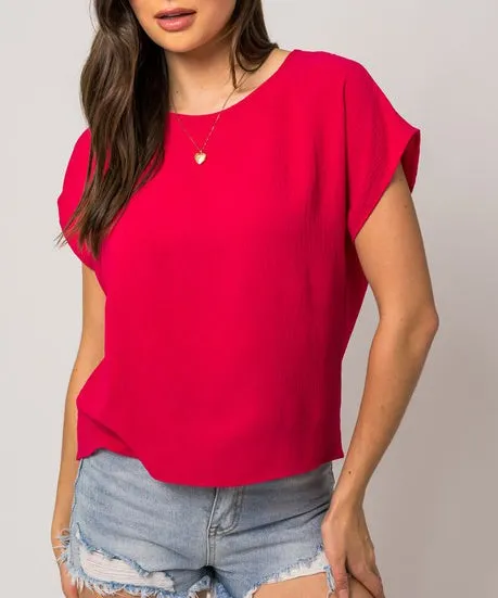 Short Sleeve Back Overlap Top - Fuchsia