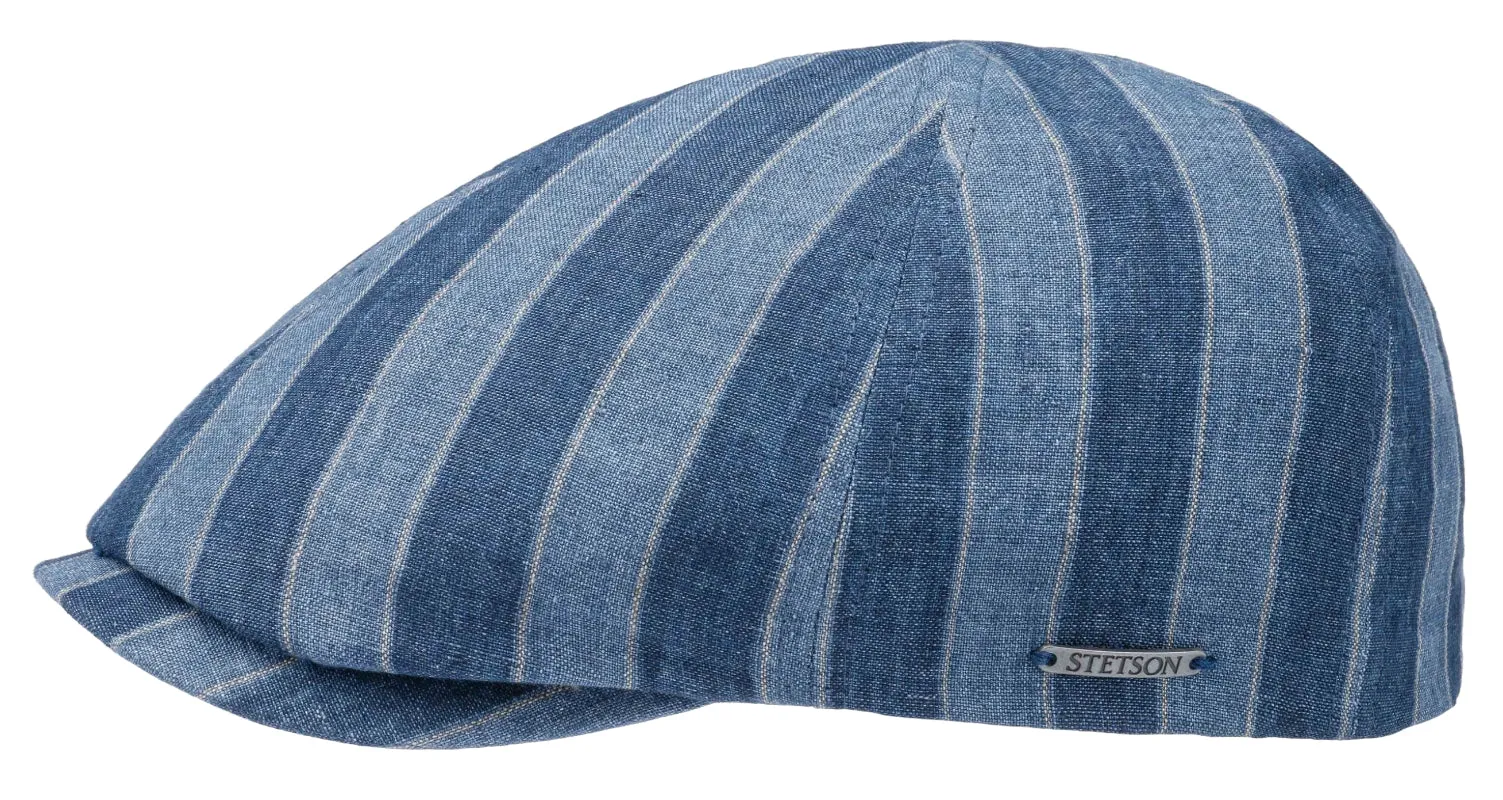 Stetson 100% Linen 6 panel Block stripe Blue toned Ivy flat cap