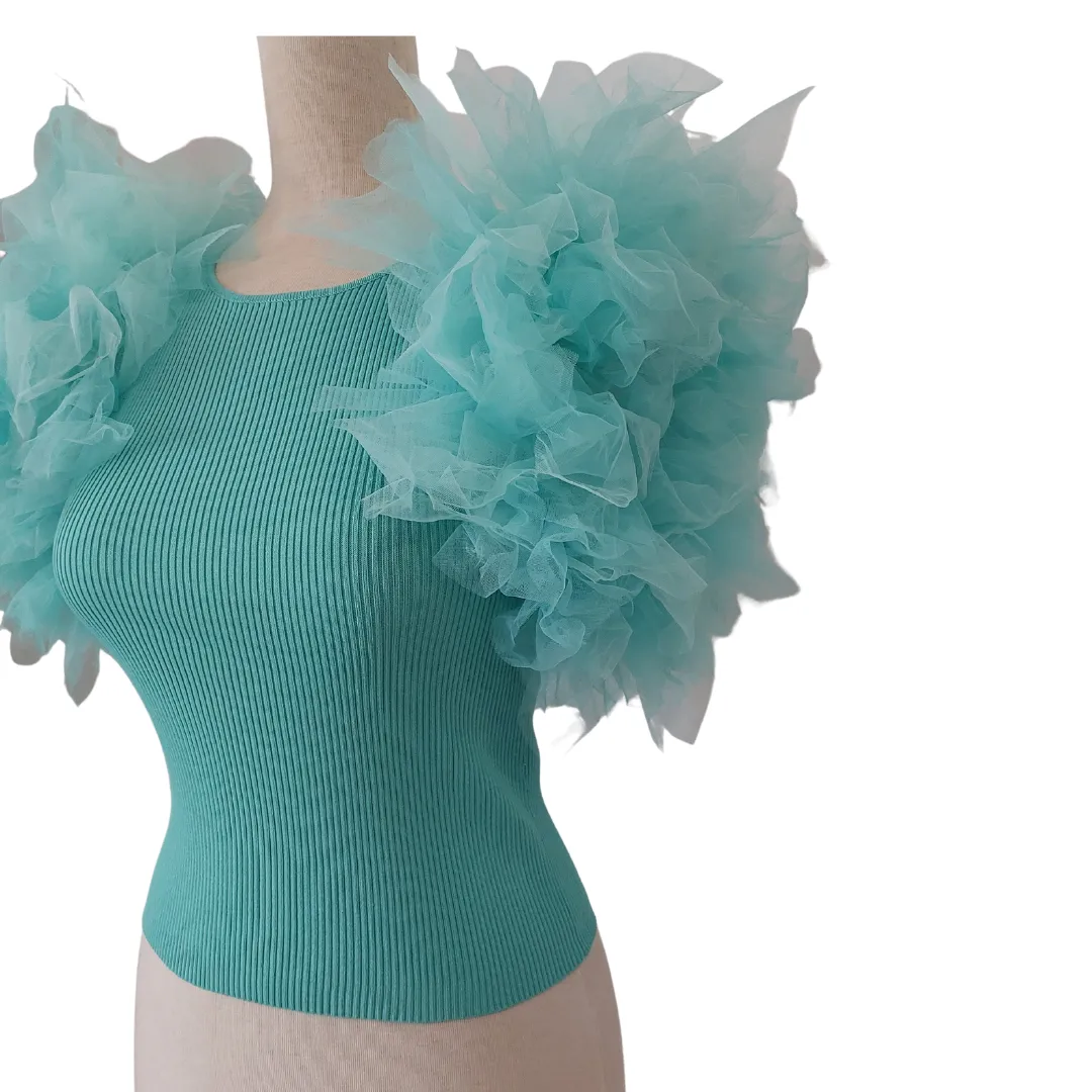 ZARA Aqua Ribbed Net Ruffle Top | Gently Used |