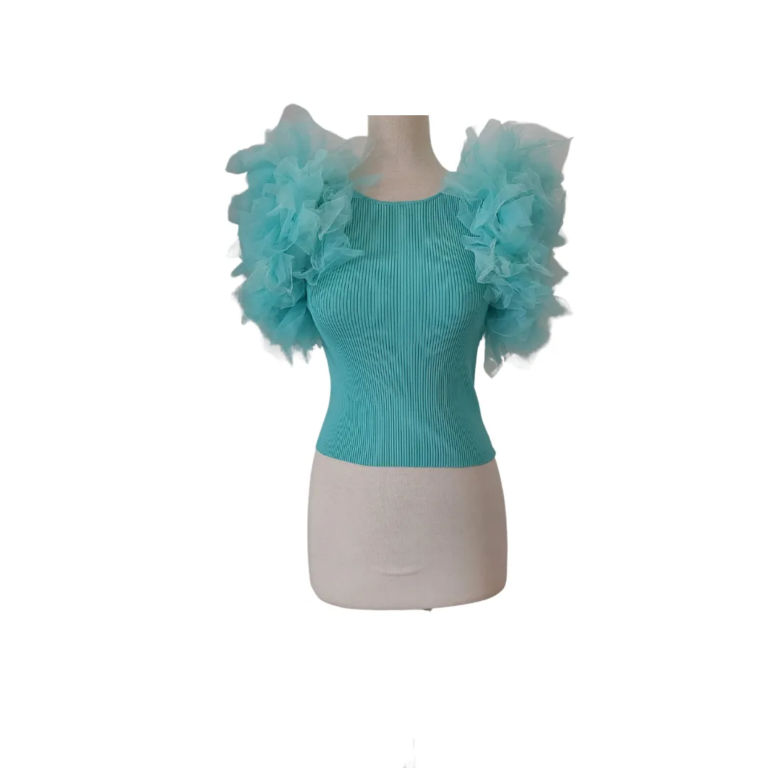 ZARA Aqua Ribbed Net Ruffle Top | Gently Used |