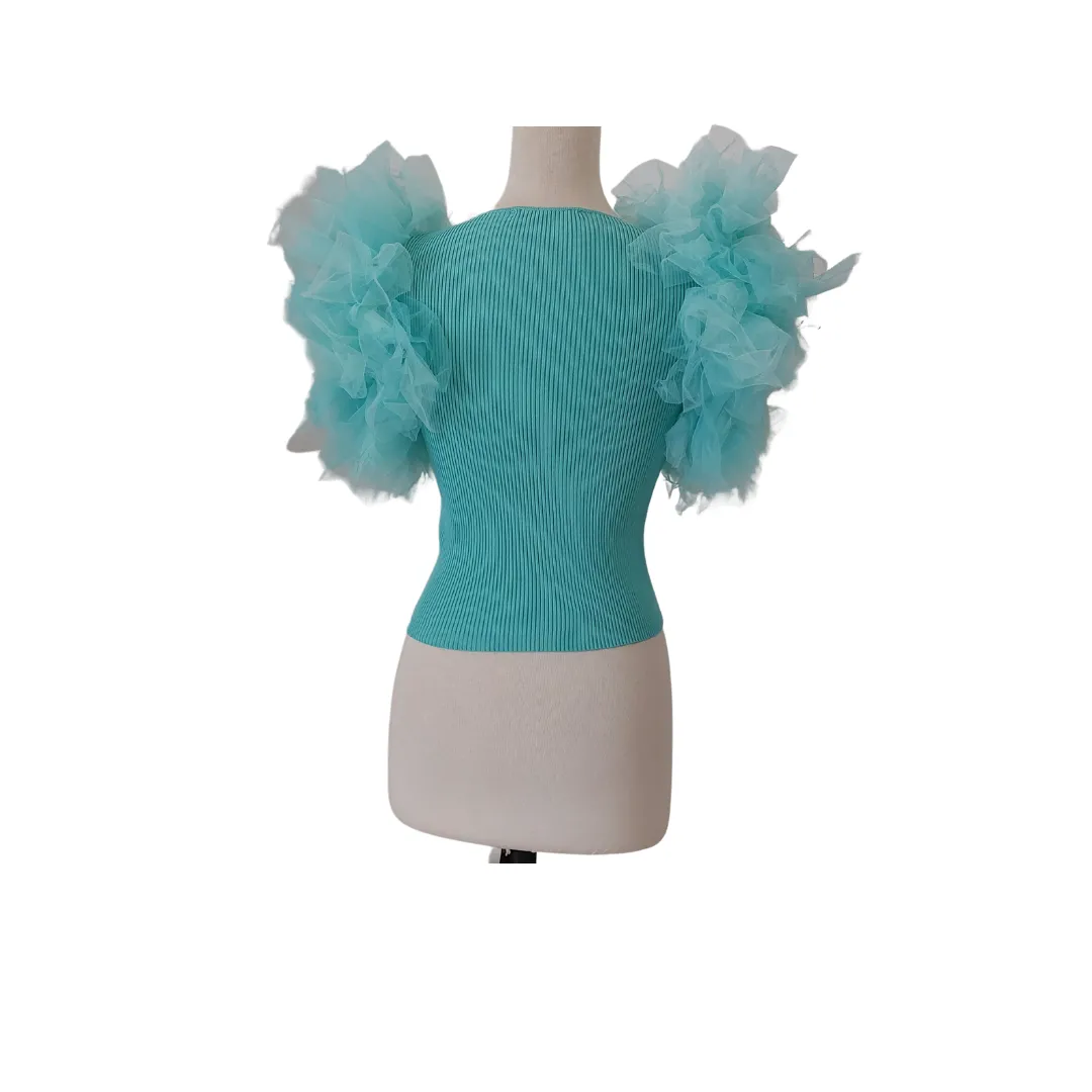 ZARA Aqua Ribbed Net Ruffle Top | Gently Used |